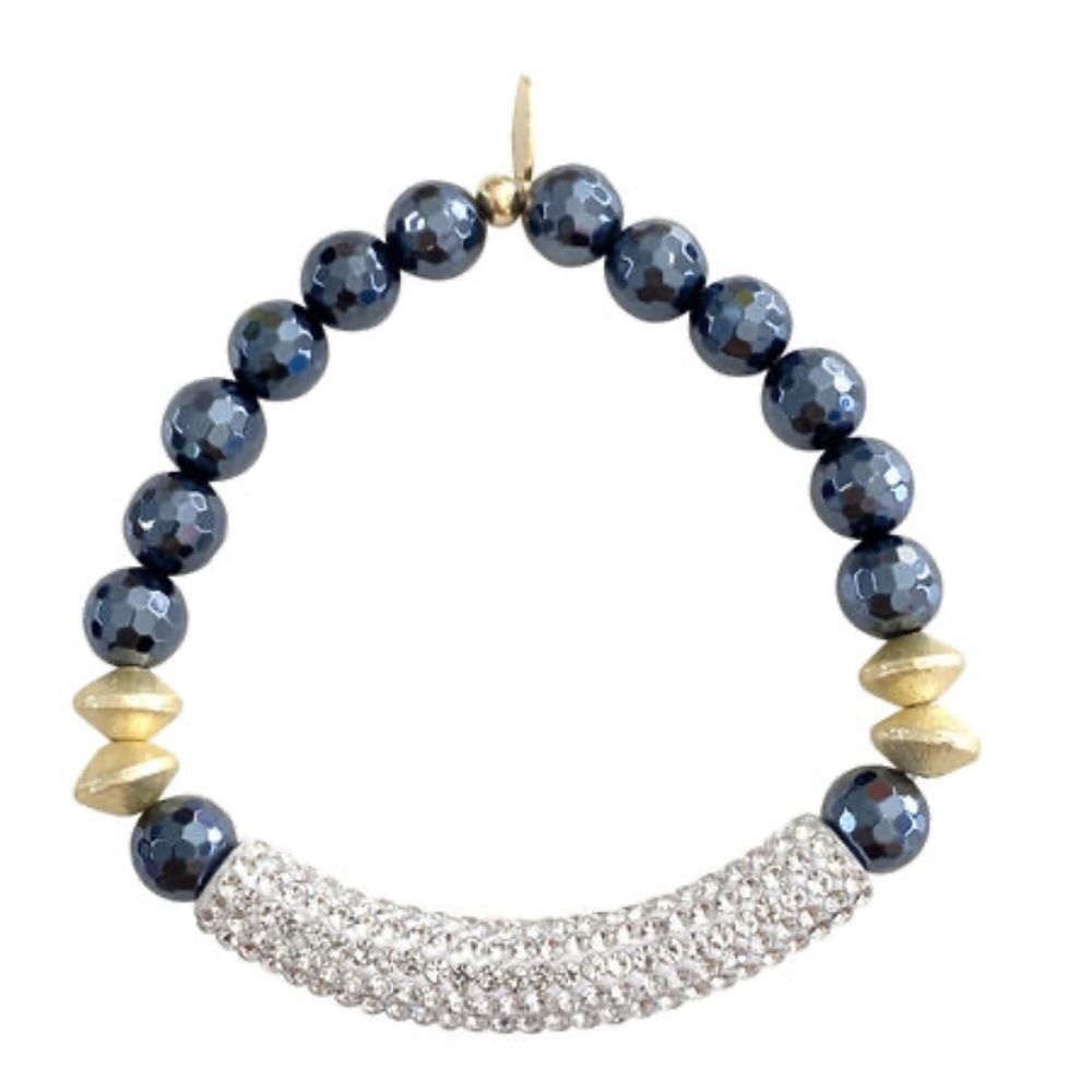 Stretch Bracelet Navy Agate Stone Beads & Crystal Rhinestone Bar NEW